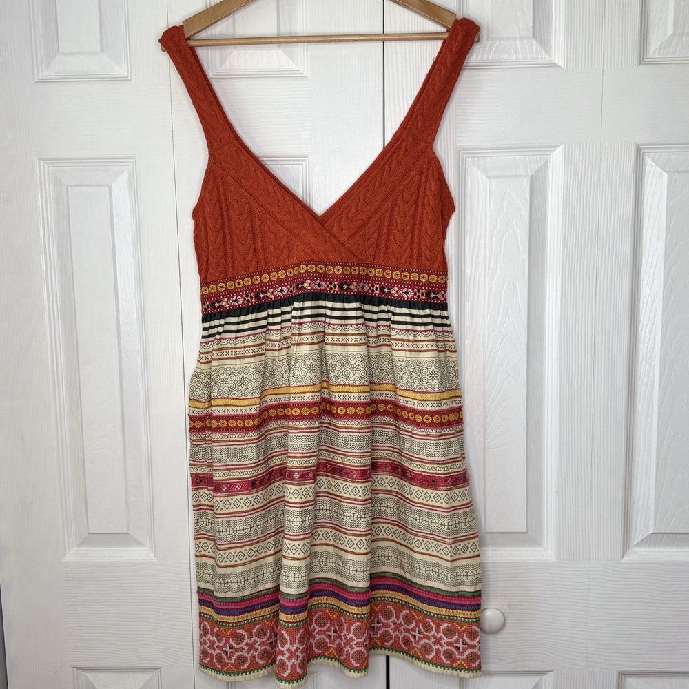 Free People Womens Orange Knit V Neck Dress Striped Embroidered Cotton SZ 12